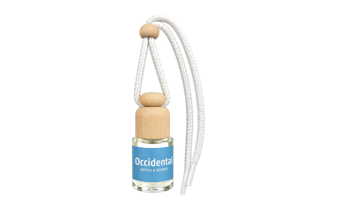 Ambientador de coche de Occidental Hotels & Resorts con tapón de madera y cordón blanco
